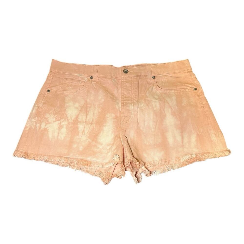 NWT 7 For All Mankind Pink Acid Wash Denim‎ Monroe Raw Cut Off Shorts Size 32